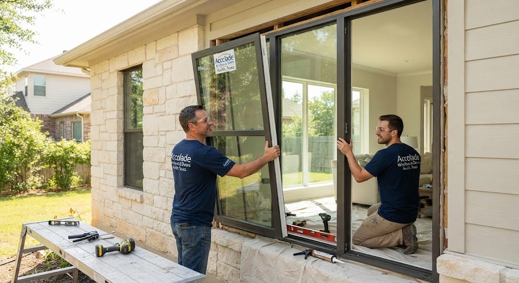 A large bay window, expertly crafted by a window contractor in Austin, Texas, with white curtains overlooks a green lawn, shrubs, and trees under a bright blue sky.